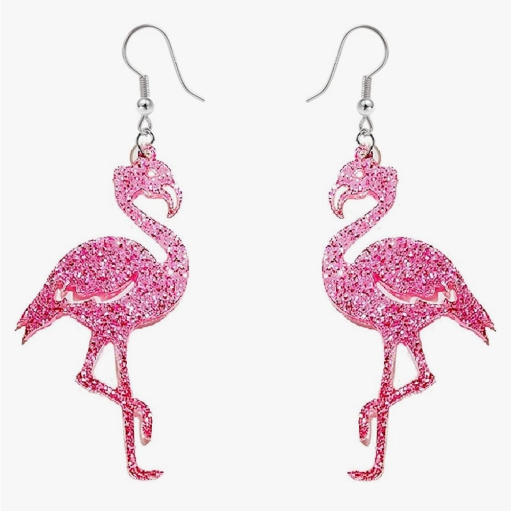Cute pink flamingo glitter dangle drop acrylic lightweight earrings hook silver